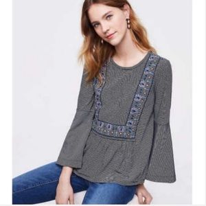 LOFT Striped Embroidered Bell Sleeve Boho Blouse